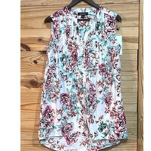 Roaman's Womens 14W Cotton White Pink Floral Sleeveless Pintuck Tunic Blouse